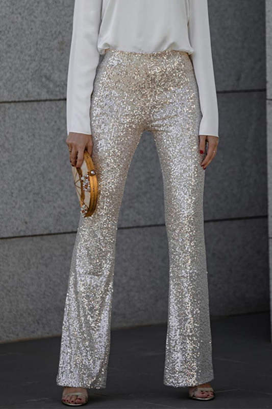 Casual Solid Sequins Straight Mid Waist Speaker Solid Color Bottoms