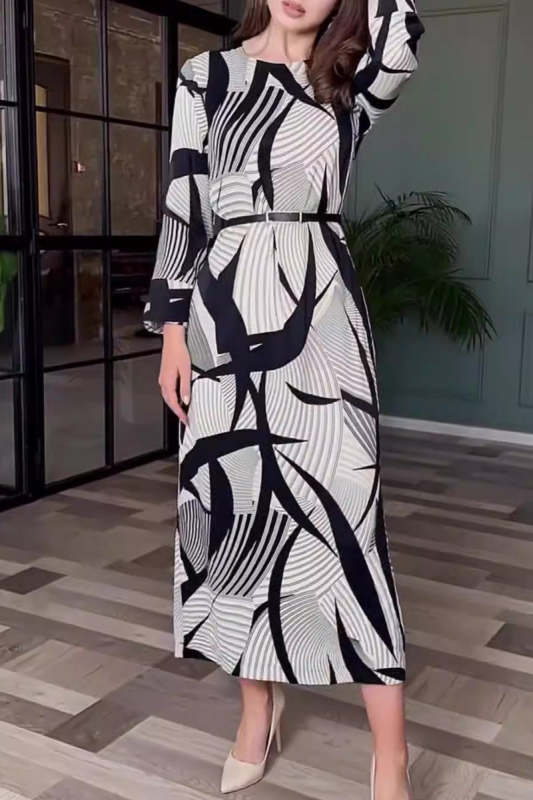 Elegant Striped Print With Belt Zipper O Neck A Line Dresses