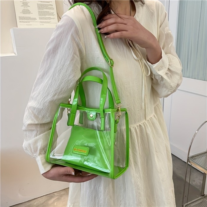 2Pcs Clear PVC Tote Bag Set, Trendy Jelly Crossbody Bag, Waterproof Summer Beach Bag With Inner Pouch