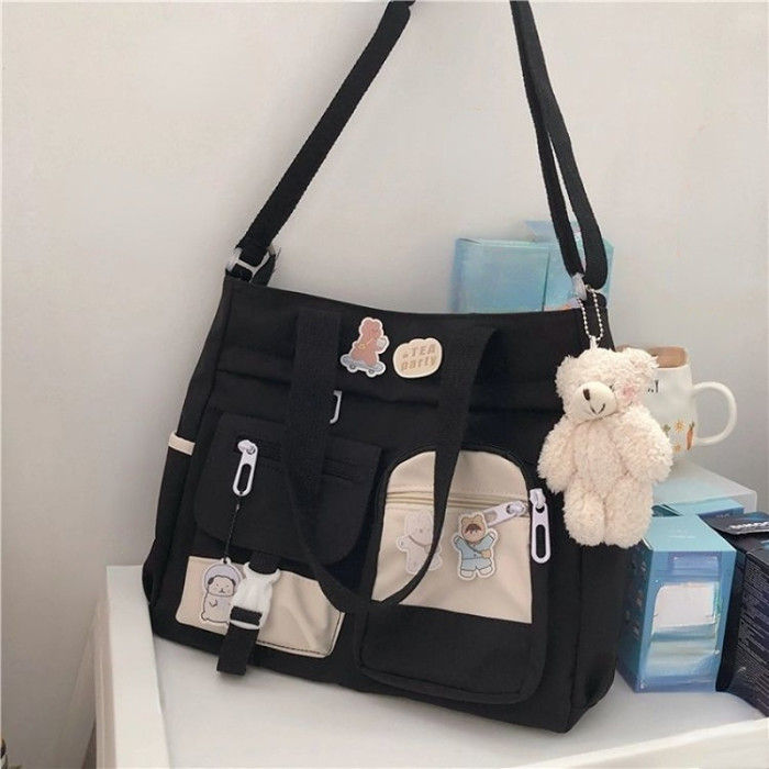 Waterproof Nylon Shoulder Bag, Women's Cartoon Badge Decor Crossbody Zipper Purse