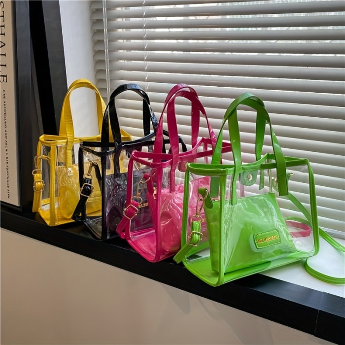 2Pcs Clear PVC Tote Bag Set, Trendy Jelly Crossbody Bag, Waterproof Summer Beach Bag With Inner Pouch
