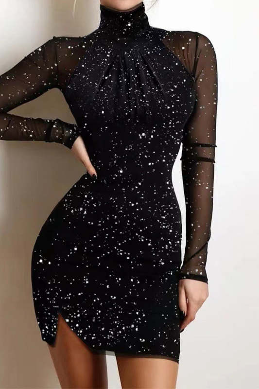 Sexy Solid Slit Sequined Turtleneck Wrapped Skirt Dresses