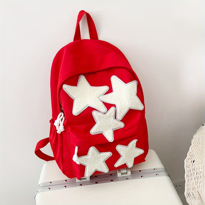 Kawaii Star Decor Backpack, Cute Preppy Canvas School Bag, Women's Everyday Laptop Bag & Rucksack