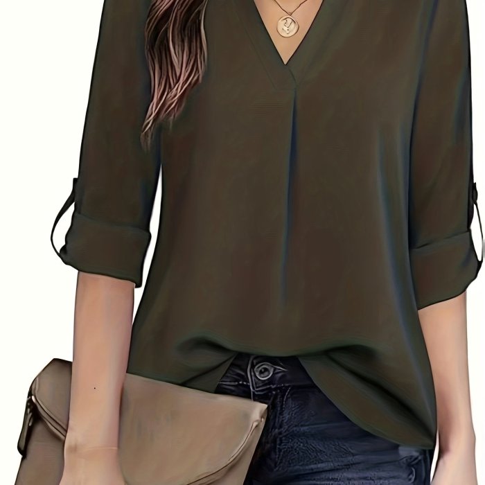 Solid Simple Blouse, Casual V Neck Long Sleeve Blouse, Women's Clothing