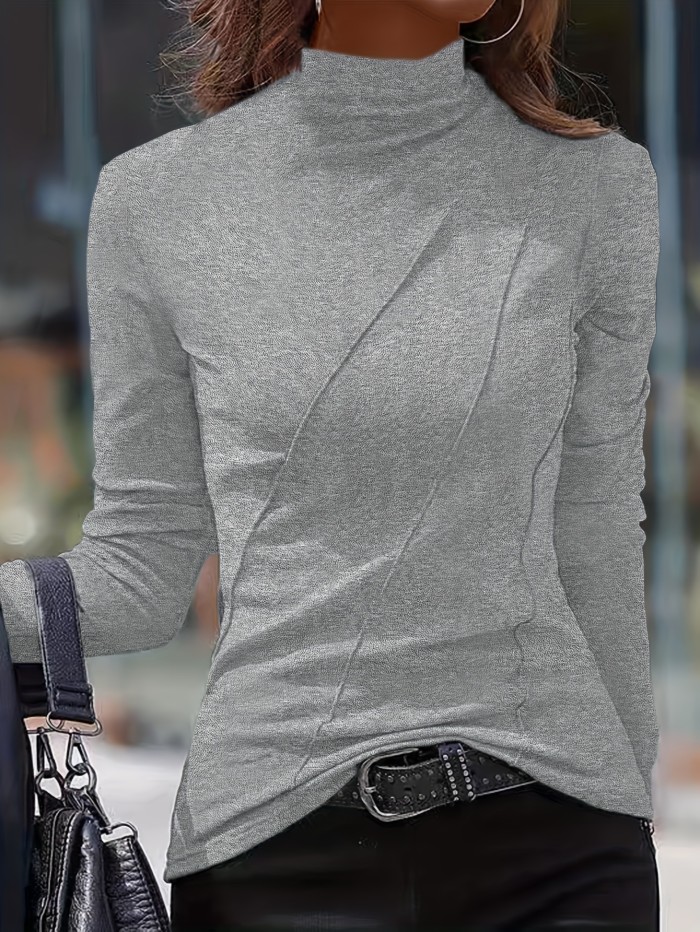 Solid Slim Turtleneck T-Shirt, Casual Long Sleeve Top For Spring & Fall, Women's Clothing