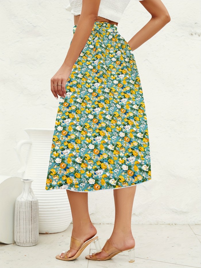 Boho Ditsy Floral Print Skirts, Vacation A Line Ruched Midi Skirts, Women's Clothing