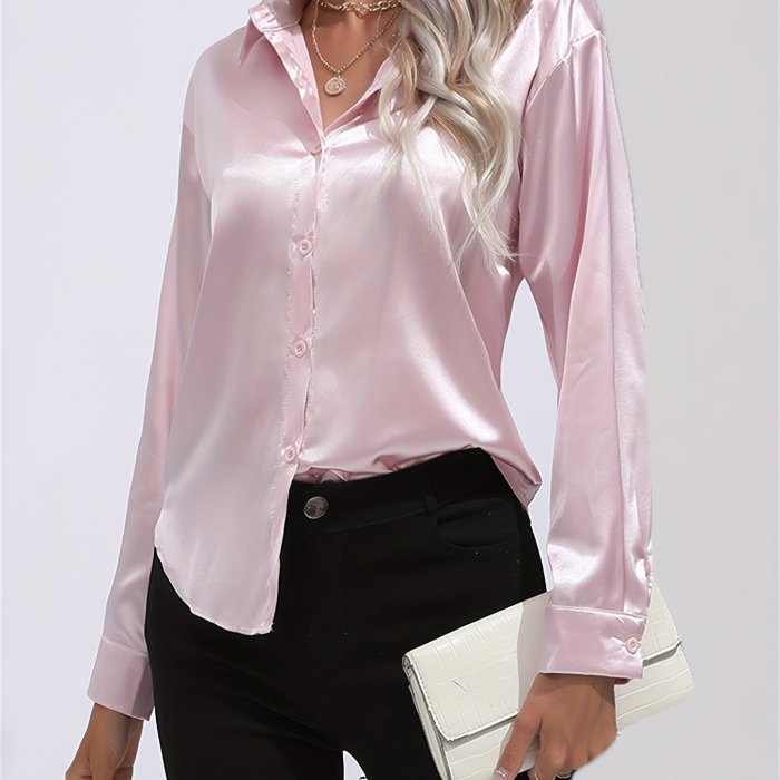 Solid Smoothly Shirt, Elegant Button Front Turn Down Collar Long Sleeve Shirt, Women's Clothing