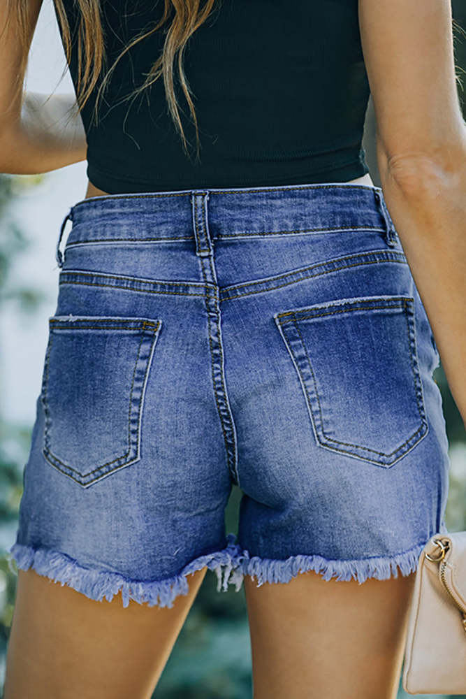 Casual Solid Ripped Pocket High Waist Denim Shorts