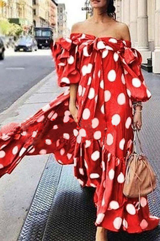 Street Elegant Polka Dot Printing Off the Shoulder Printed Dress Dresses(4 Colors)