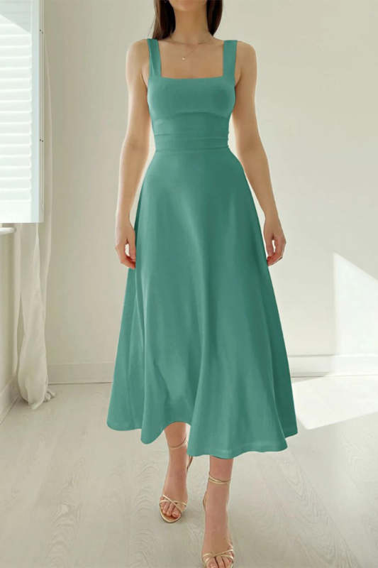 Simplicity Solid Frenulum Square Collar Sling Dress Dresses