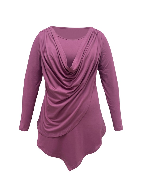 Plus Size Simple Solid T-Shirt, Casual Cowl Neck Long Sleeve T-Shirt, Women's Plus Size Clothing