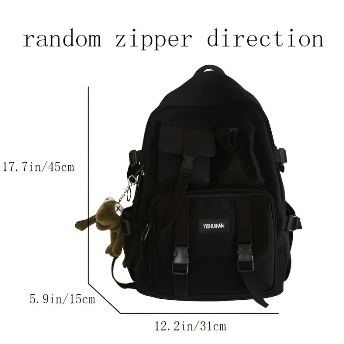 Casual Large Capacity Zipper Backpack, Solid Color Rucksack, Preppy School Bag With Multi Pockets