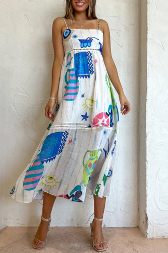 Sweet Elegant Print Patchwork Sling Dress Dresses