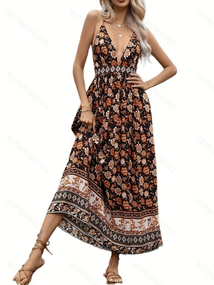 Floral Print Backless Dress, Boho Plunging Sleeveless Maxi Dress, Women's Clothing