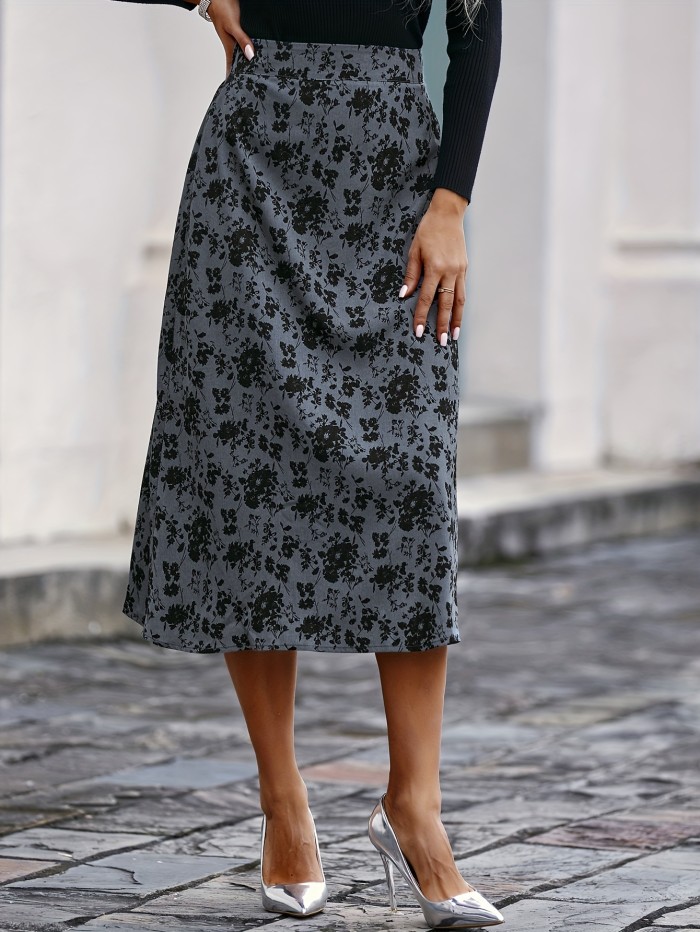Floral Print High Waist Skirt, Elegant A Line Midi Skirt, Women's Clothing