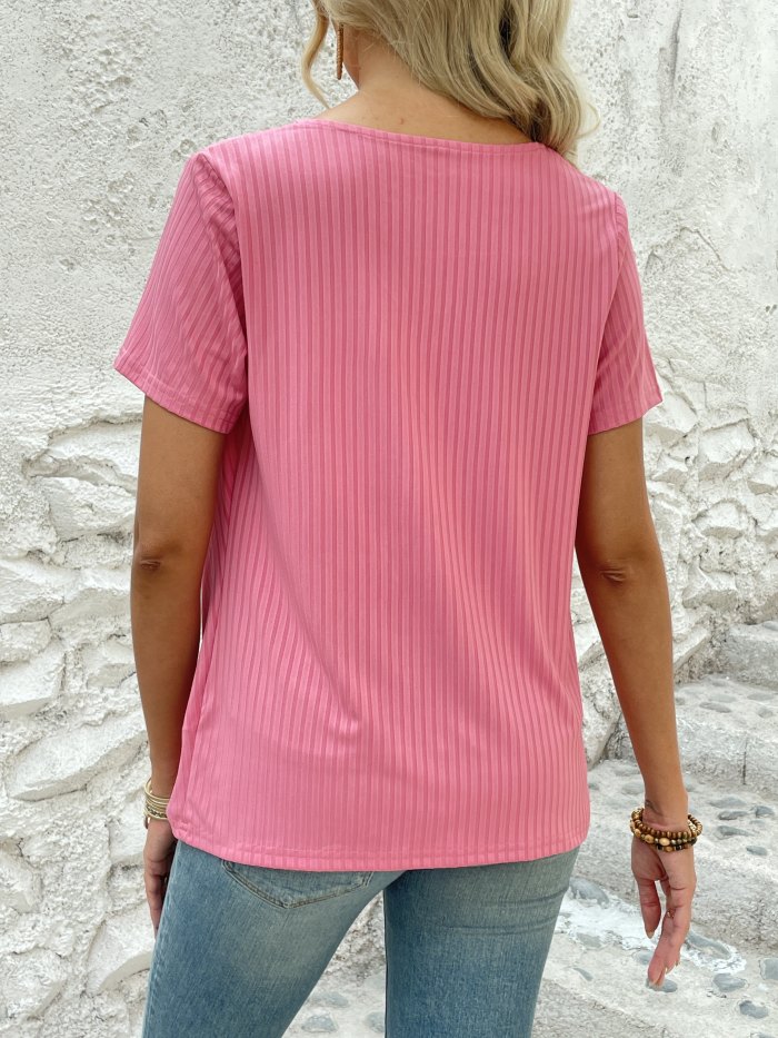 Solid Draped T-shirt, Casual Short Sleeve V Neck Versatile T-shirt, Women's Clothing