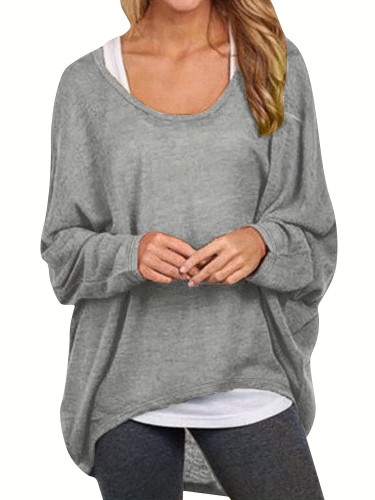 Plus Size Casual T-shirt, Women's Plus Solid Bat Sleeve Round Neck Slight Stretch Pullover T-shirt