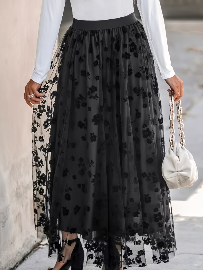 Plus Size Elegant Skirt, Women's Plus Floral Print Elastic High Rise Mesh Overlay Maxi Skirt