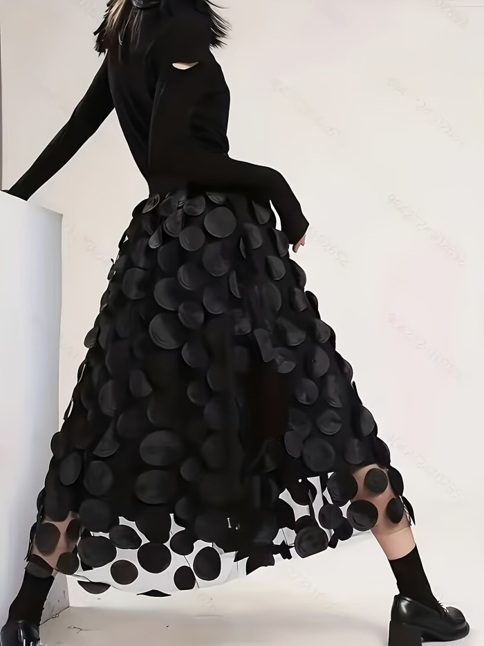 Plus Size Polka Dot Pattern Skirt, Casual Mesh Stitching High Waist Midi Skirt, Women's Plus Size Clothing