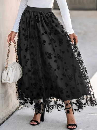 Plus Size Elegant Skirt, Women's Plus Floral Print Elastic High Rise Mesh Overlay Maxi Skirt