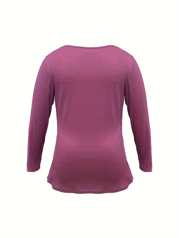 Plus Size Simple Solid T-Shirt, Casual Cowl Neck Long Sleeve T-Shirt, Women's Plus Size Clothing