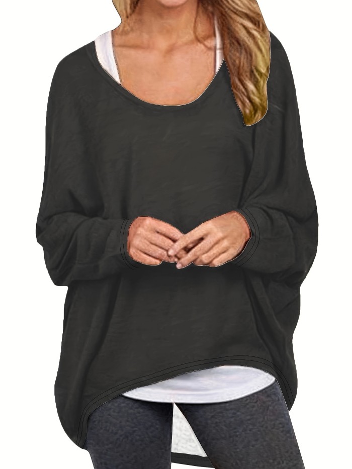 Plus Size Casual T-shirt, Women's Plus Solid Bat Sleeve Round Neck Slight Stretch Pullover T-shirt