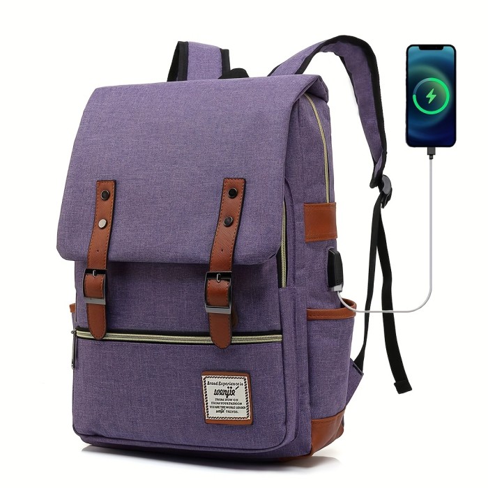 1pc Vintage Nylon Laptop Backpack With USB Charging Port, Slim Tear Resistant Business Backpack For Travel, College, School, Casual Daypack For Men, Women, Fits Up To 15.6 Inch Notebook