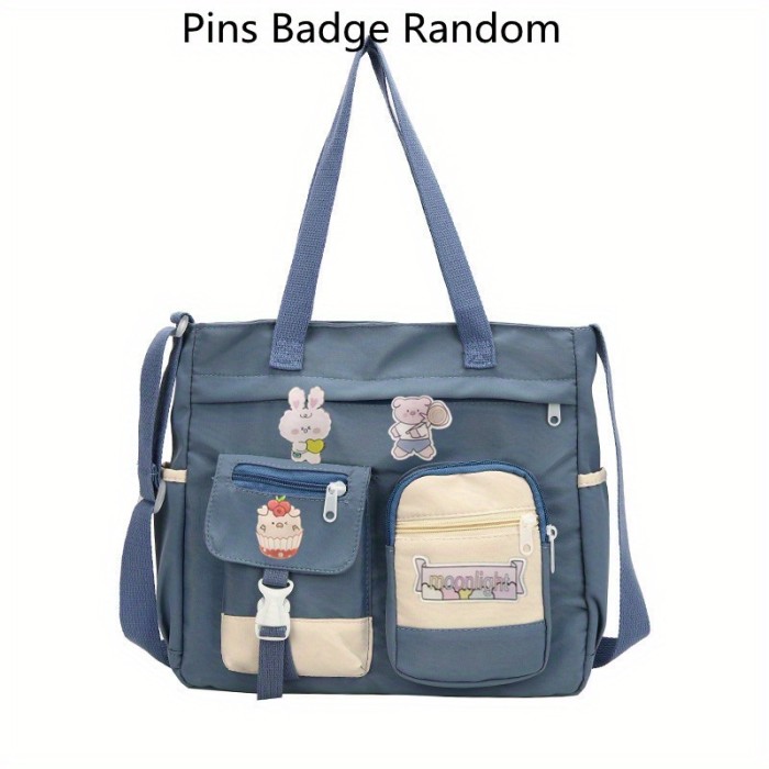 Waterproof Nylon Shoulder Bag, Women's Cartoon Badge Decor Crossbody Zipper Purse