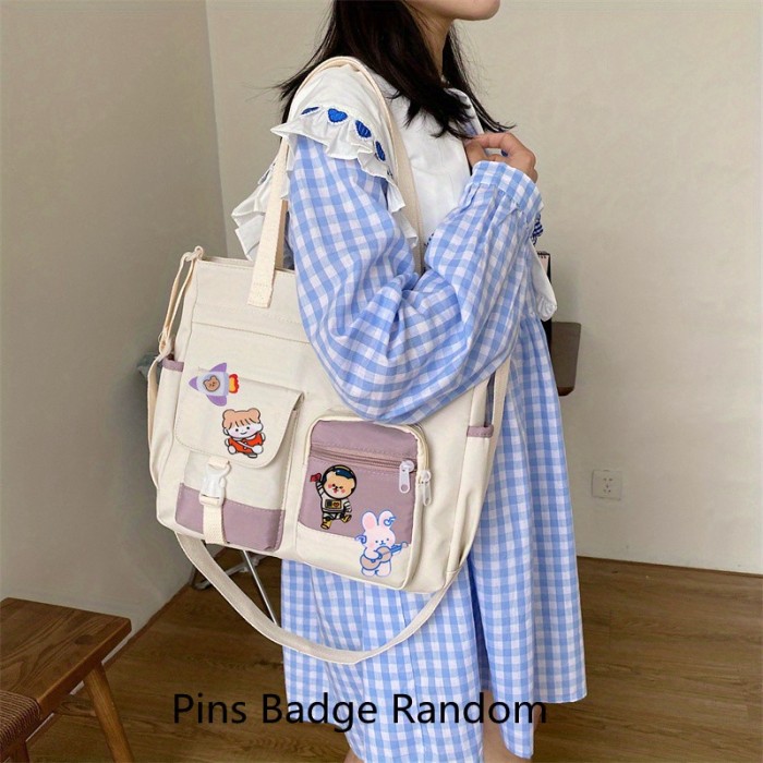 Waterproof Nylon Shoulder Bag, Women's Cartoon Badge Decor Crossbody Zipper Purse