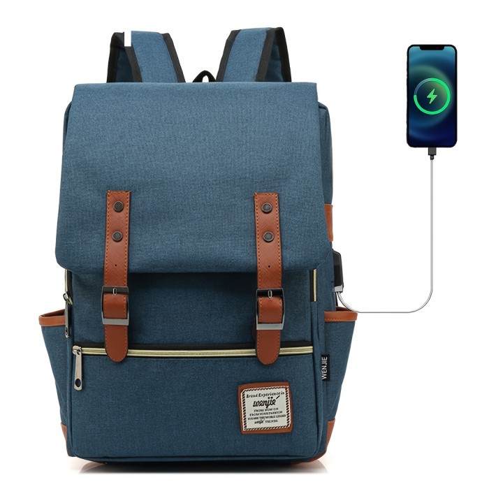 1pc Vintage Nylon Laptop Backpack With USB Charging Port, Slim Tear Resistant Business Backpack For Travel, College, School, Casual Daypack For Men, Women, Fits Up To 15.6 Inch Notebook