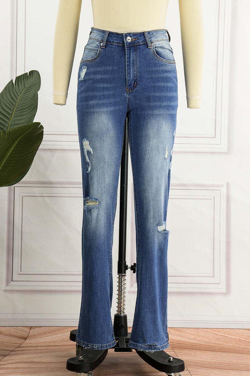 Casual Street Solid Make Old Asymmetrical Straight Denim Jeans main image 1