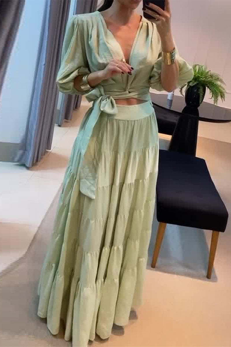 Elegant Print Frenulum V Neck Half Sleeve Two Pieces(10 Colors)
