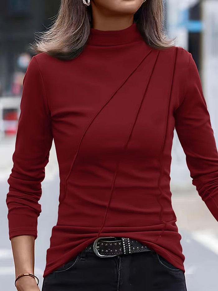 Solid Slim Turtleneck T-Shirt, Casual Long Sleeve Top For Spring & Fall, Women's Clothing