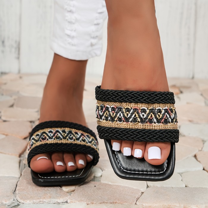 Women's Rhinestone Decor Slide Sandals, Casual Open Toe Flat Summer Shoes, Lightweight Slide Sandals