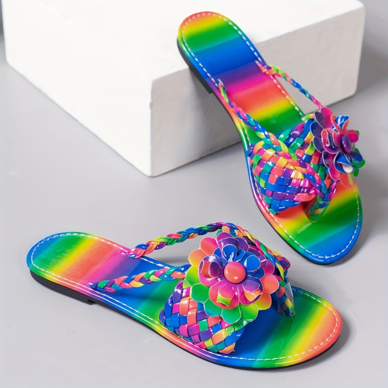 Women's Flower Decor Slide Sandals, Casual Clip Toe Summer Shoes, Lightweight Braided Beach Shoes