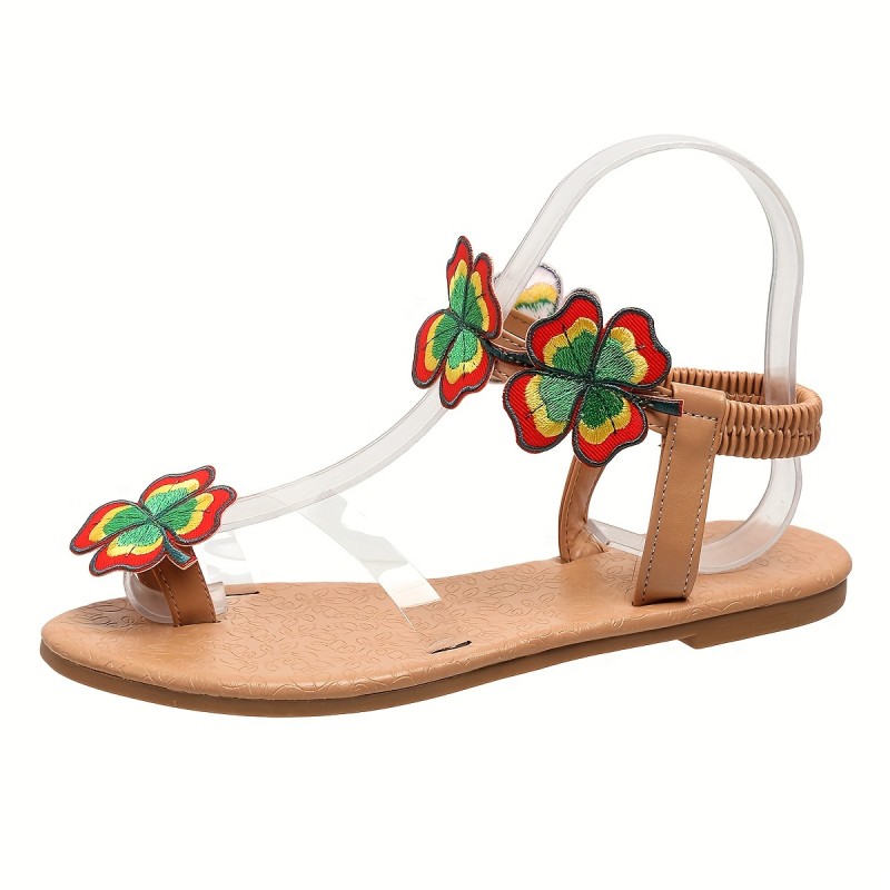 Women's Solid Color Stylish Sandals, Floral Decor Slip On Elastic Ankle Strap Shoes, Vacation Summer Toe Loop Beach Shoes