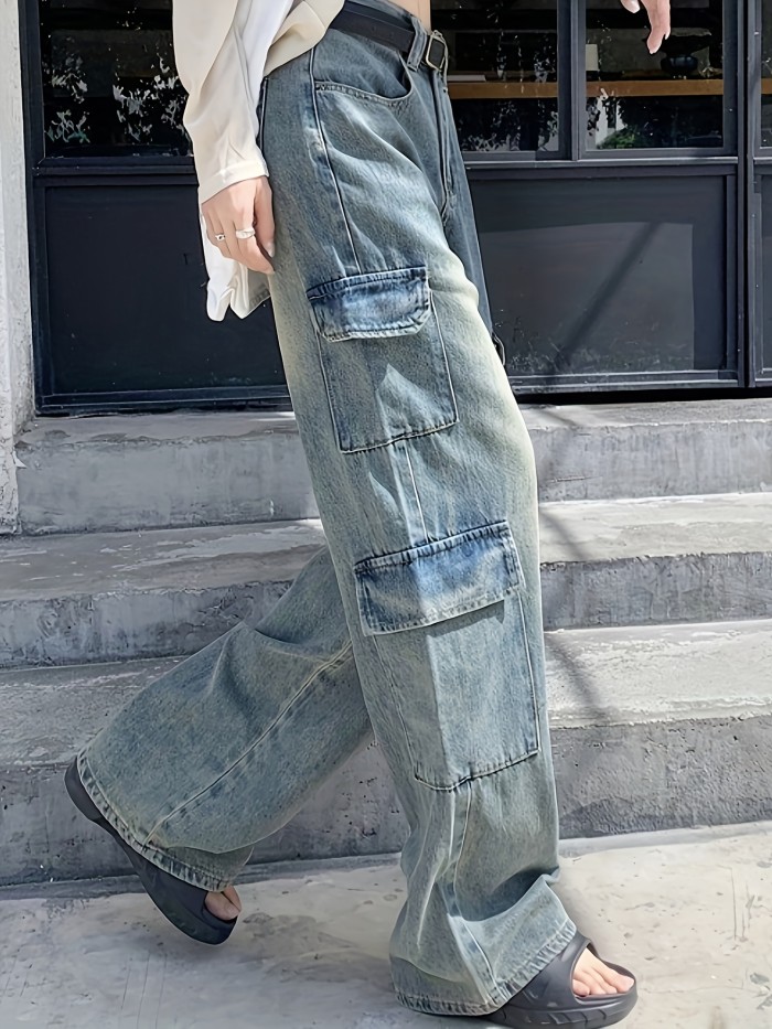 High Waist Washed Baggy Jeans, Loose Fit Y2K Style Flap Pockets Cargo Wide Legs Jeans, Women's Denim Jeans & Clothing