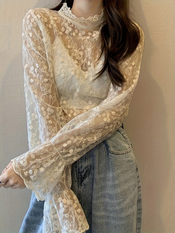 Guipure Lace Overlay Flare Sleeve Blouse, Casual Mock Neck Long Sleeve Blouse, Women's Clothing