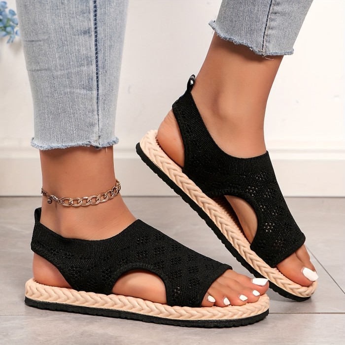 Women's Knitted Flat Sandals, Open Toe Elastic Slip On Summer Shoes, Casual Outdoor Slingback Sandals