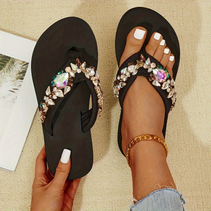 Women's Rhinestone Decor Flip Flops, Fashion Summer Beach Flat Slide Shoes, Casual Lightweight Outdoor Slides