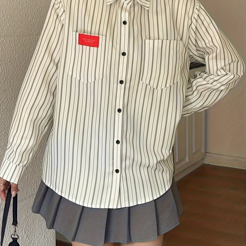 Striped Print Button Front Pockets Shirt, Casual Long Sleeve Shirt For Spring & Fall, Women's Clothing