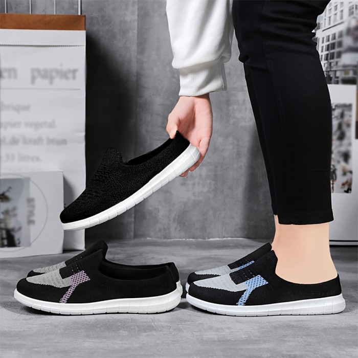 Colorblock Knitted Casual Shoes, Soft Sole Platform Slip On Walking Shoes, Half Drag Breathable Shoes