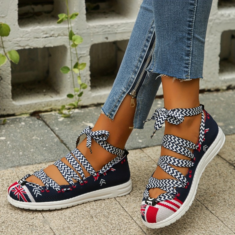 Women's Flag Pattern Knitted Sneakers, Casual Breathable Strappy Walking Shoes, Breathable Lace Up Shoes