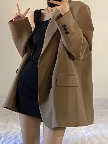 Solid Double Breasted Lapel Blazer, Vintage Long Sleeve Blazer For Fall & Winter, Women's Clothing