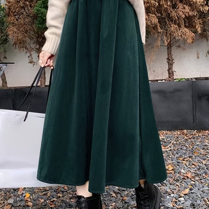 Plus Size Casual Skirt, Women's Plus Solid Elastic High Rise Swing Maxi Skirt With Pockets