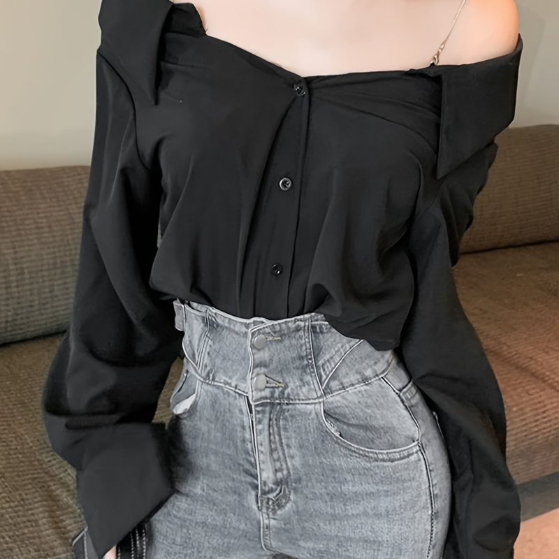 Solid Off Shoulder Button Front Blouse, Casual Long Sleeve Blouse For Spring & Fall, Women's Clothing