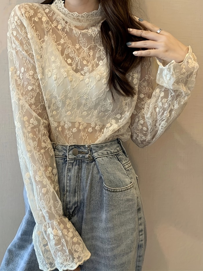 Guipure Lace Overlay Flare Sleeve Blouse, Casual Mock Neck Long Sleeve Blouse, Women's Clothing