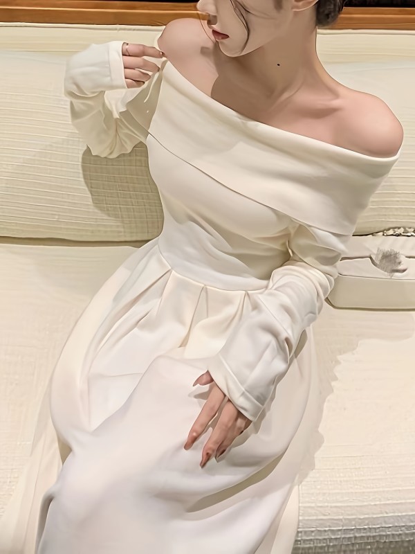Solid Off Shoulder Aline Dress, Elegant Ruffle Hem Long Sleeve Slim Dress For Spring & Fall, Women's Clothing