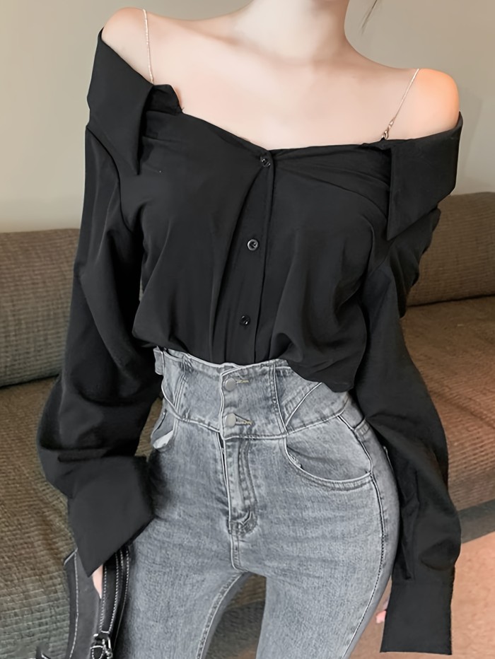 Solid Off Shoulder Button Front Blouse, Casual Long Sleeve Blouse For Spring & Fall, Women's Clothing