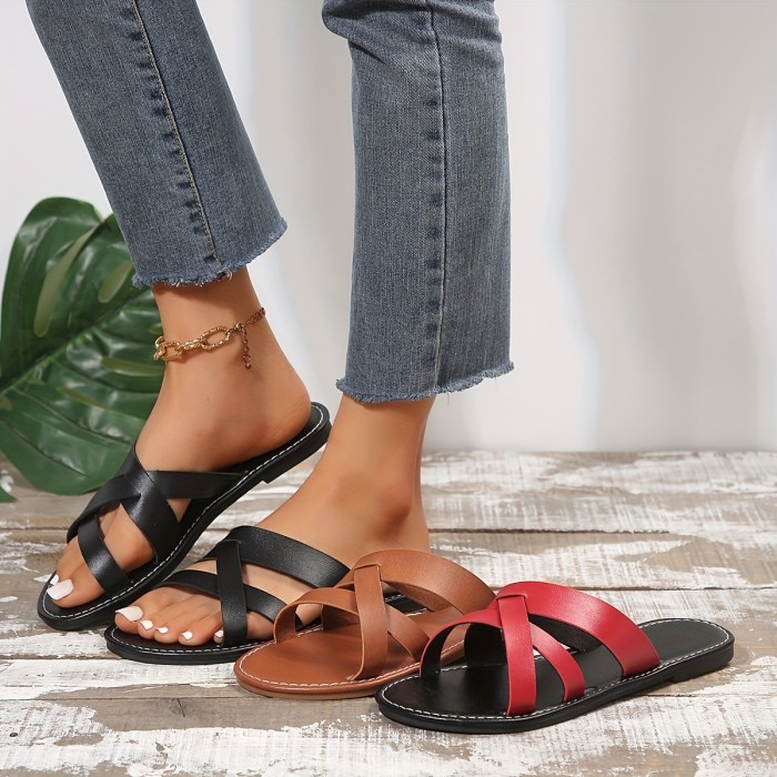 Women's Solid Color Stylish Sandals, Casual Slip On Lightweight Summer Slides, Crisscross Bands Seaside Slides